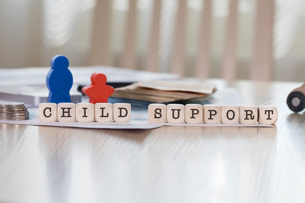 How is child support calculated in Langley British Columbia portrayed by blocks with letters and two wooden, child like figures next to support money.